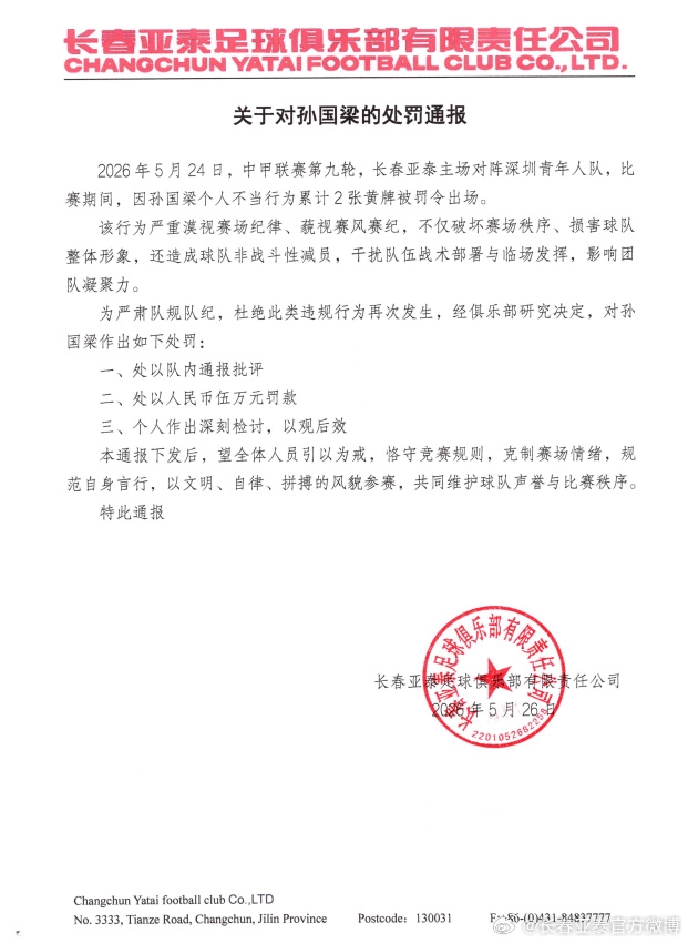 孙国梁两黄一红遭重罚:亚泰通报批评加罚款5万 孙国梁两黄一红遭重罚:亚泰通报批评加罚款5万